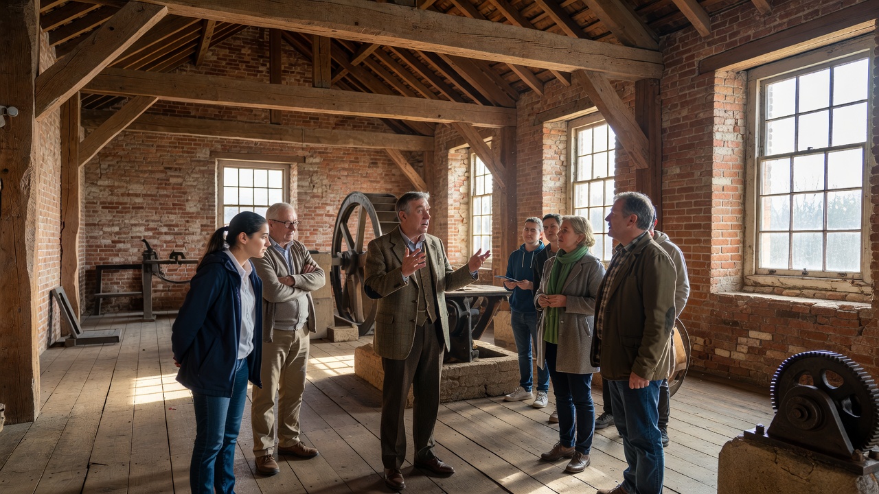 A heritage guide speaking with visitors in a naturally lit former mill room
