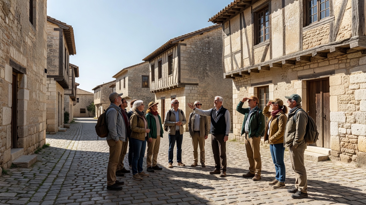 Visitors listening to a guide on a designated street in a preserved historic settlement