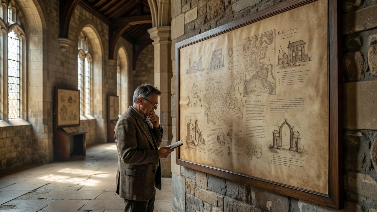 A visitor reading a historical interpretation display in a daylight-filled heritage building