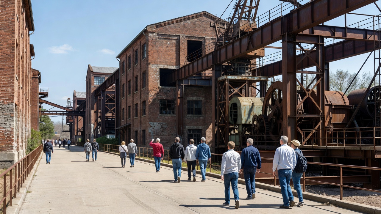 Visitors walking along a designated outdoor path beside preserved industrial structures in daylight